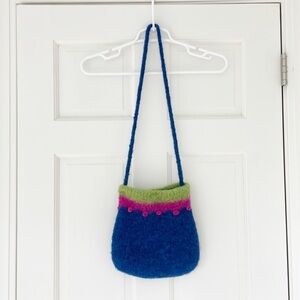 Felted wool handmade shoulder bag blue pink green